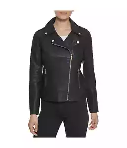 Guess Women's Black Asymmetric Faux Leather Zipper Moto Jacket Size XS NWT $150 - Picture 1 of 3