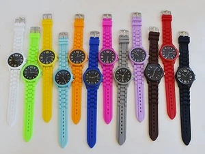 NEW-GENEVA SILICONE,BLACK DIAL MAUVE,PINK,BLUE,LIME GREEN,RED,YELLOW,ETC WATCH - Picture 1 of 1