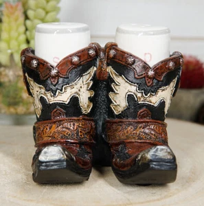 Western Fancy Pair of Cowboy Boots With Spur Salt And Pepper Shakers Holder Set - Picture 1 of 8