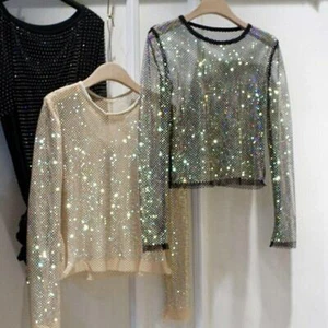 Women's Crystal Collar Shirt Slim Fit Top Long Sleeve Hollow Out Mesh Rhinestone - Picture 1 of 16