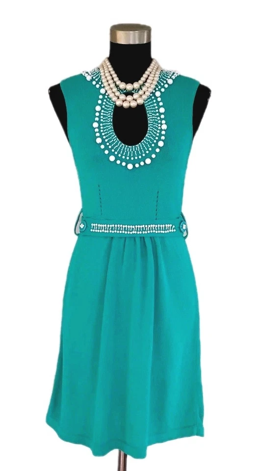 Nanette Lepore Knit Midi Dress S Turquoise Blue White Beaded Key Hole Sheath 4 6 - Image 1 of 4