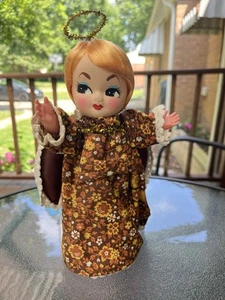Vintage CHRISTMAS 70s Big Eyed Doll 10" Angel Countertop Decoration Calico - Picture 1 of 7
