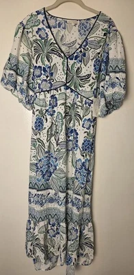 Fig + Flower 女式 XL 波西米亚迷笛连衣裙蓝色花卉印花短袖绑带 — 第 1/4 张图片