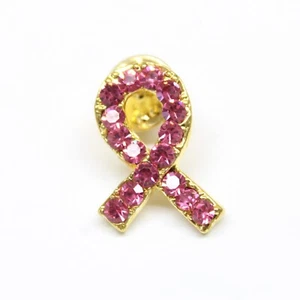 Pink Rhinestones Ribbon Pin Gold Tone Lapel Enamel Collectible Breast Cancer - Bild 1 von 3