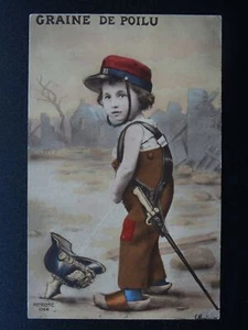 WW1 Patriotic French Postcard GRAINE DE POILU Trench Boys in German Helmet c1915 - Picture 1 of 2