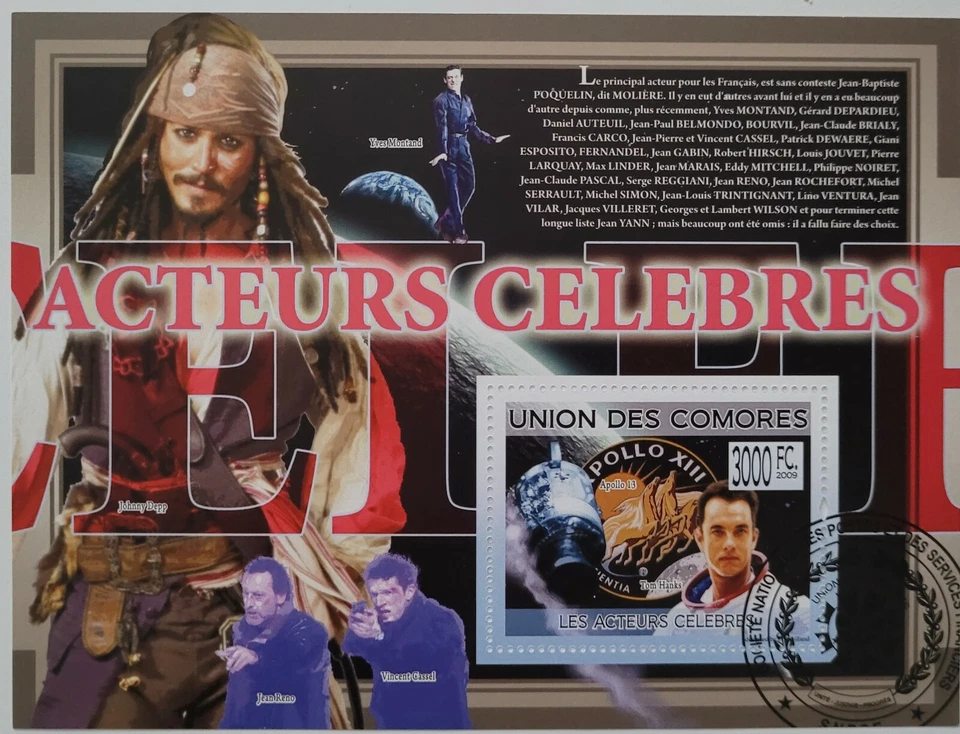 Comoros /Famous Actors -T,Hanks, J. Deep / 1v minisheet CTO - Image 1 of 1