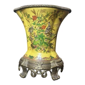 Vtg Chinese Chinoiserie Ceramic Bronze Vase Ormolu Bird Flora Yellow Glaze Asian - Picture 1 of 11