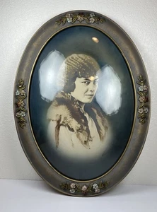 Antique Oval Tinted Portrait Female Wearing Fox Stole 22.5”x16.5” Bubbled Glass - Picture 1 of 14