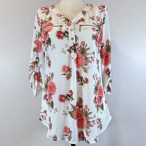 Rue 21 Womens Size XL Blouse White Floral V Neck Top Roll Tab Sleeve Zippers NWT - Picture 1 of 15