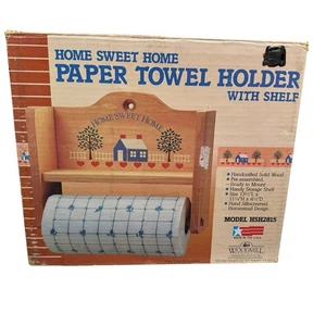 Vintage Paper Towel Holder Wooden Brown with Mounted Home Sweet Home W Shelf NIB - Picture 1 of 9