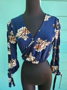 Bella Tweed Navy Blue Floral Blouse Long Sleeve V Neck Women's Medium M - Picture 1 of 10