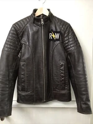 G-STAR RAW Brown Leather Biker Jacket Patch Zip Sleeves Padded Size M Medium - Image 1 of 4