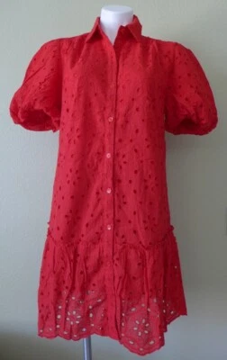 Vestido Camisa SOLITARIO Manga Abullonada Rojo Algodón Ojales Bordado Forrado Talla M Foto 1 de 4