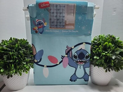 Tenda doccia Disney Stitch & Angel con luci natalizie tessuto blu🎄100% cotone - Immagine 1 di 4