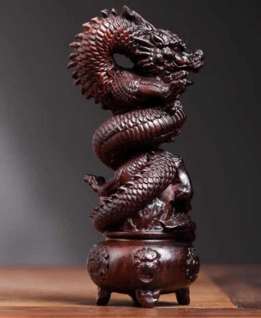 Estátua tigela tesouro contas dragão madeira sândalo vermelho folha porcelana 5" Fegnshui - Imagem 1 de 4