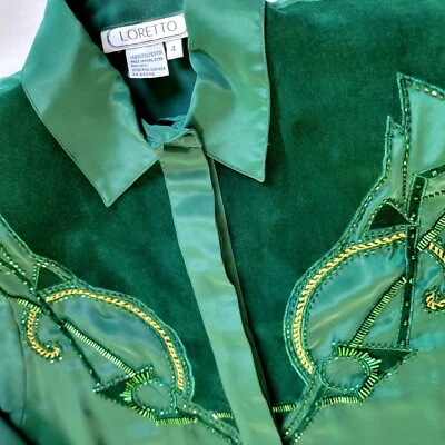 Винтажный Western ковбой родео барокко блестки замши бисером вышивка блузка зеленый M - Изображение 1 из 4