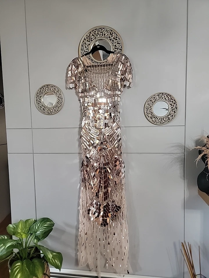Vestido Largo Alberta Ferretti Pasarela Dorado Lentejuelas Bordado Talla S Foto 1 de 4