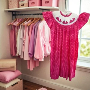 EUC Boutique Smocked Whales Pink Polka Dot Dress Sz 8 - Picture 1 of 3