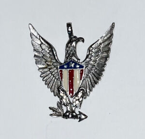 Vintage Silver Tone American Bald Eagle Pendant USA Flag Patriotic