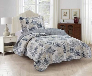 Blue Toile in Beige and Ivory Patches, 2-Piece Quilt Set with 1 Sham, Reversi... - Picture 1 of 7