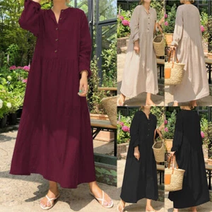 UK Women Spring Long Sleeve Cotton Casual Loose Kaftan Ladies Beach Maxi Dress - Picture 1 of 10