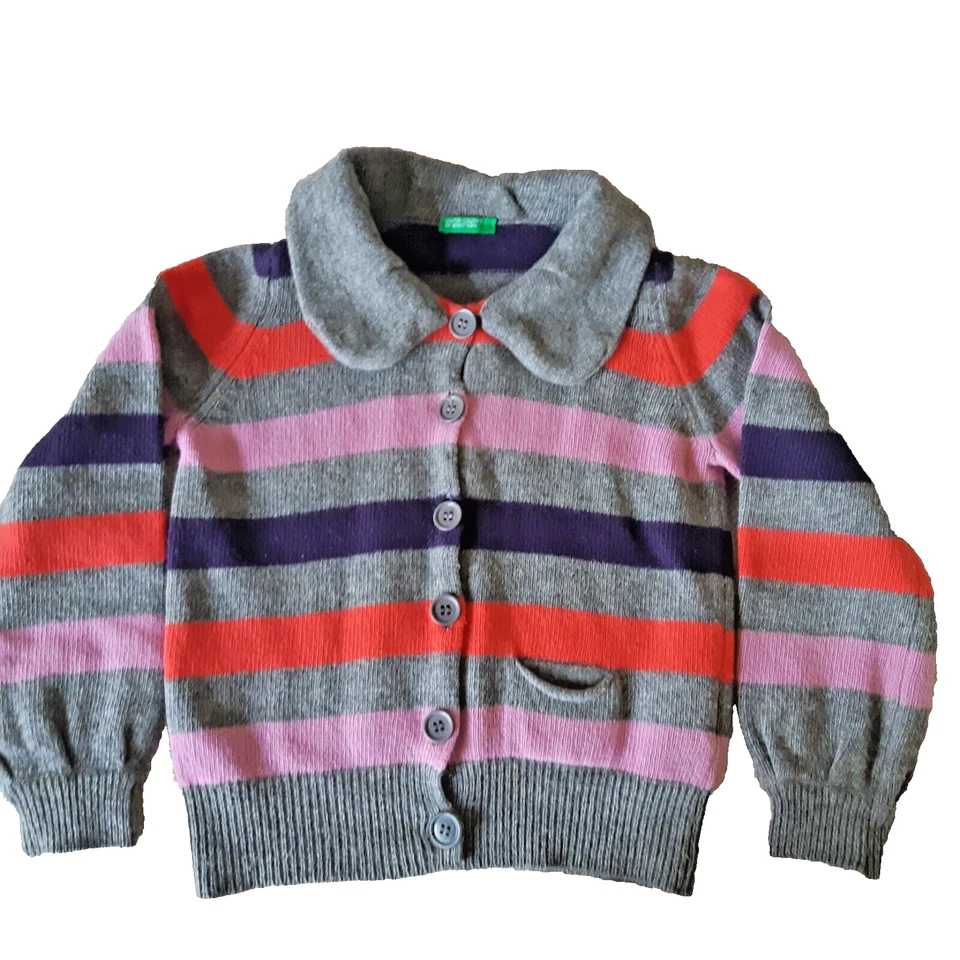 Benetton Soft Wool Blend  Collared  Cardigan Button Up Striped Pocket  XS Italy - Image 1 of 4