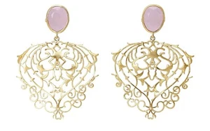 Brandneu Vintage Look Handarbeit Rosenquarz & vergoldet Blatt Design Ohrringe - Bild 1 von 1