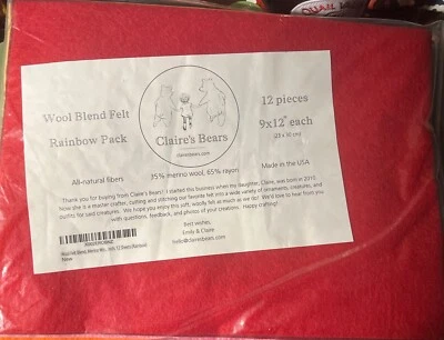 Claire's Bears Rainbow Pack Wool Felt Blend Merino Wool & Rayon All Natural 9x12 - Image 1 of 2