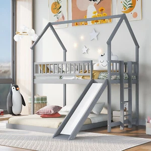 Twin over Full Size House Bunk Bed Frame with Slide and Ladder/Guardrail Gray - Picture 1 of 9
