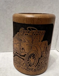 Laser Works Carved Wooden Walnut Wood Desktop Pen Pencil Holder Antique Car - Picture 1 of 7
