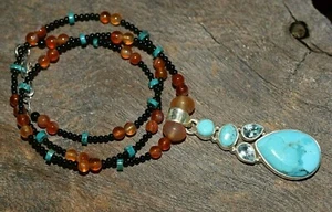 Türkis & Topas Edelstein Anhänger Halskette mit Karneol & Türkis Stein Perlen - Bild 1 von 4