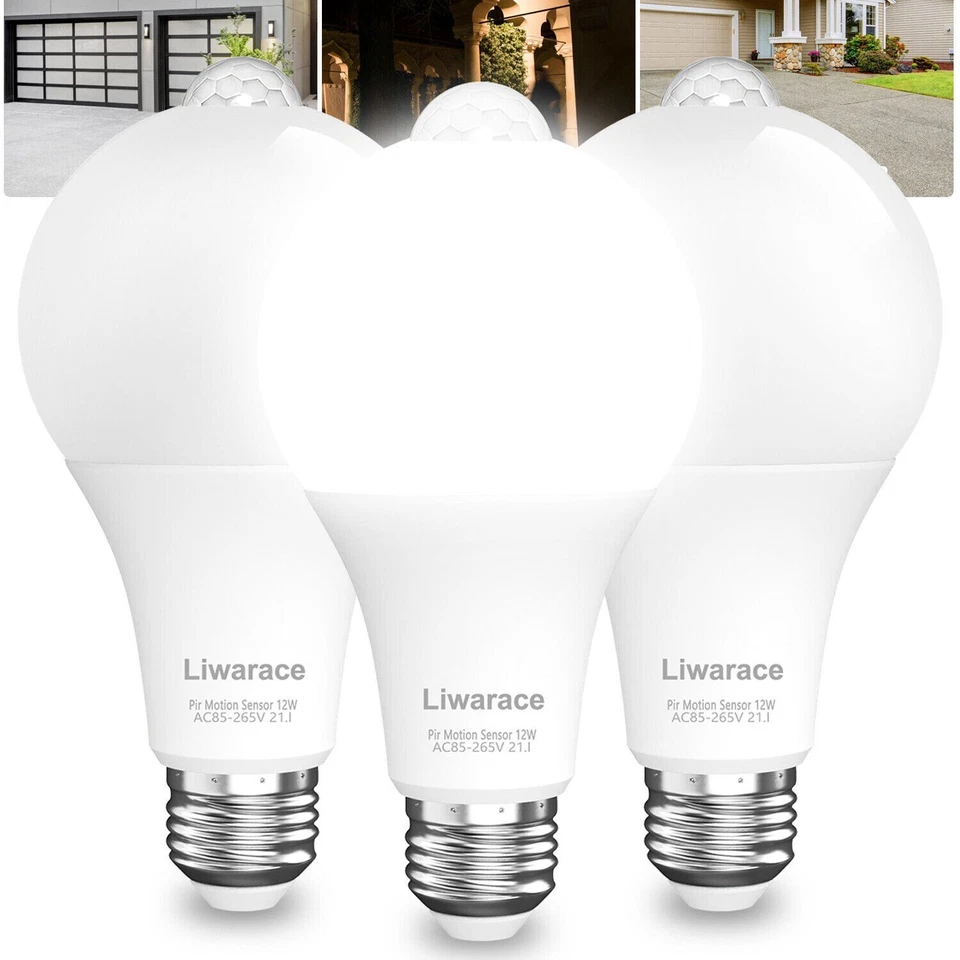 3Pack Motion Sensor LED Light Bulb 12W (120W Eq.) E27 E26 Bulbs Automatic On/Off - Image 1 of 4