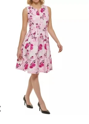 $178 NWT Karl Lagerfeld Paris Womens Pink Floral Linen A-line Fit&Flare Dress 16 - image 1 of 4