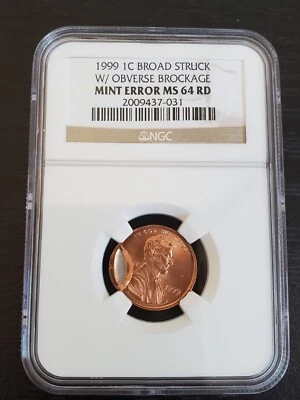 1999 1 Cent Broad Struck with Obverse Brockage MINT ERROR NGC MS 64 RD - Image 1 of 4