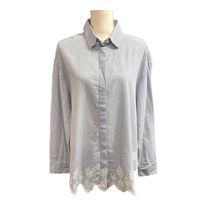 H&M Top Womens 14 Blue Striped Eyelet Trim Button Down Shirt Cottagecore Beach - Picture 1 of 9