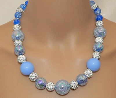 Halskette Perlen 20Ø Krakelee crash Strass glitzer Strass Blau Hellblau  379t - Bild 1 von 4