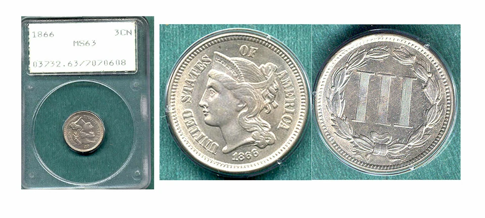 1866 Nickel 3C- PCGS MS 63 MINT LUSTER -3Cents++ - Image 1 of 1