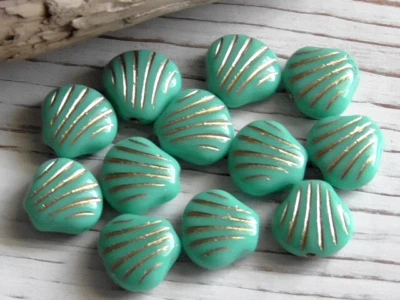 12 - 9mm CZECH SEA SHELL OPAQUE TURQUOISE BLUE GOLD WASH GLASS BEACH BEADS - Image 1 of 3
