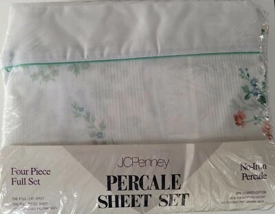 Vtg 80s Watercolor Floral Spring Bouquet Full Sheet Set Pillowcase Pair JCPenney - Image 1 of 4