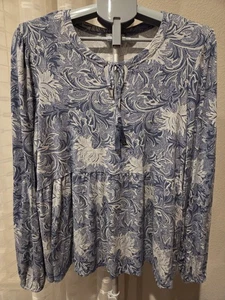 Wunderschönes Blusentop Damen 2X Blau Garten Blumen Boho Langarm Quasten  - Bild 1 von 7