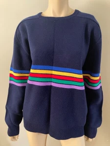 Vintage 1980s Ski Wear Rainbow Stripe Sweater Navy Blue XLarge - Picture 1 of 4