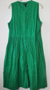 J Crew Kelly Green Eyelet Sleeveless Midi Dress Pockets Button Front Slip Lined - Picture 1 of 11