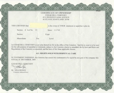 Cedar Hill Cemetery, Suitland, Maryland, 4 parcelas de una sola profundidad, monumentales Foto 1 de 4