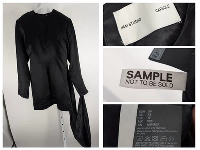 H&M Studio Capsule Sample Dress Black Satin Sash Drape Shoulder Pad XS 34 Rare - Image 1 of 4