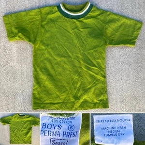 Vintage 1970s Sears Boys Ringer T Shirt Sz 6 Green Retro Perma Prest USA Made - Picture 1 of 13