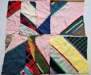 Vtg 8x Lot 12x12 Crazy Patchwork Winter Quilt Block Squares Hand Embroidered  - Picture 1 of 24