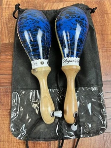 Leather Mini Maracas With Bag, Blue/Black Design. Maracas De Cuero-Mini 8.5” - Picture 1 of 5