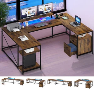 LED U Shaped Computer Gaming Desk Reversible Desk w/ Power Outlet Monitor Stand - Picture 1 of 11
