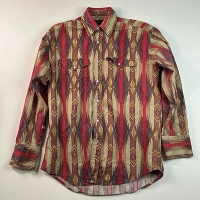 Vintage Rustler by Wrangler Western Pearl Snap Shirt M Red Aztec Southwestern - Image 1 of 4