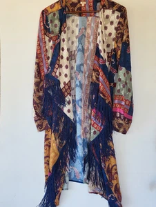 Kimono femme REBA patchwork cachemire franges boho western plage couverture piscine neuf avec étiquette L - Photo 1/19